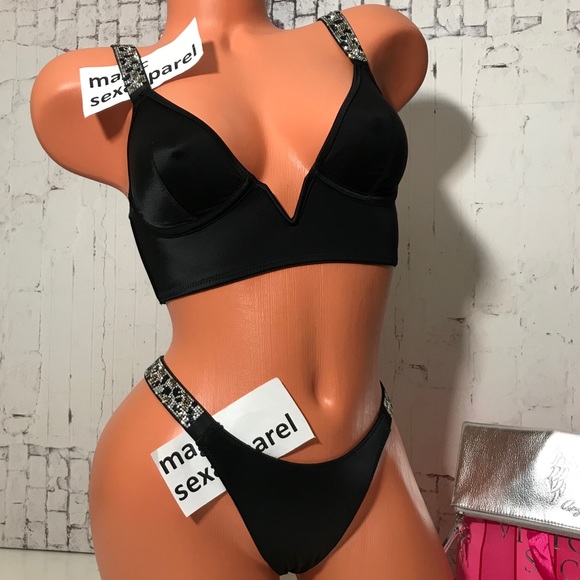 VS SHINE STRAP XS S BRALETTE S PANTY SET CRYSTAL RHINESTONES BLING SMOOTH BLACK - Picture 1 of 2